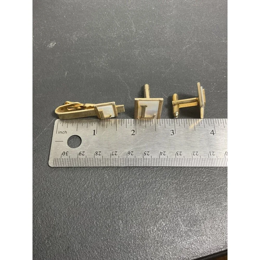 Gold Tone Mother of Pearl Initial L Cufflinks & Tie Clip Set